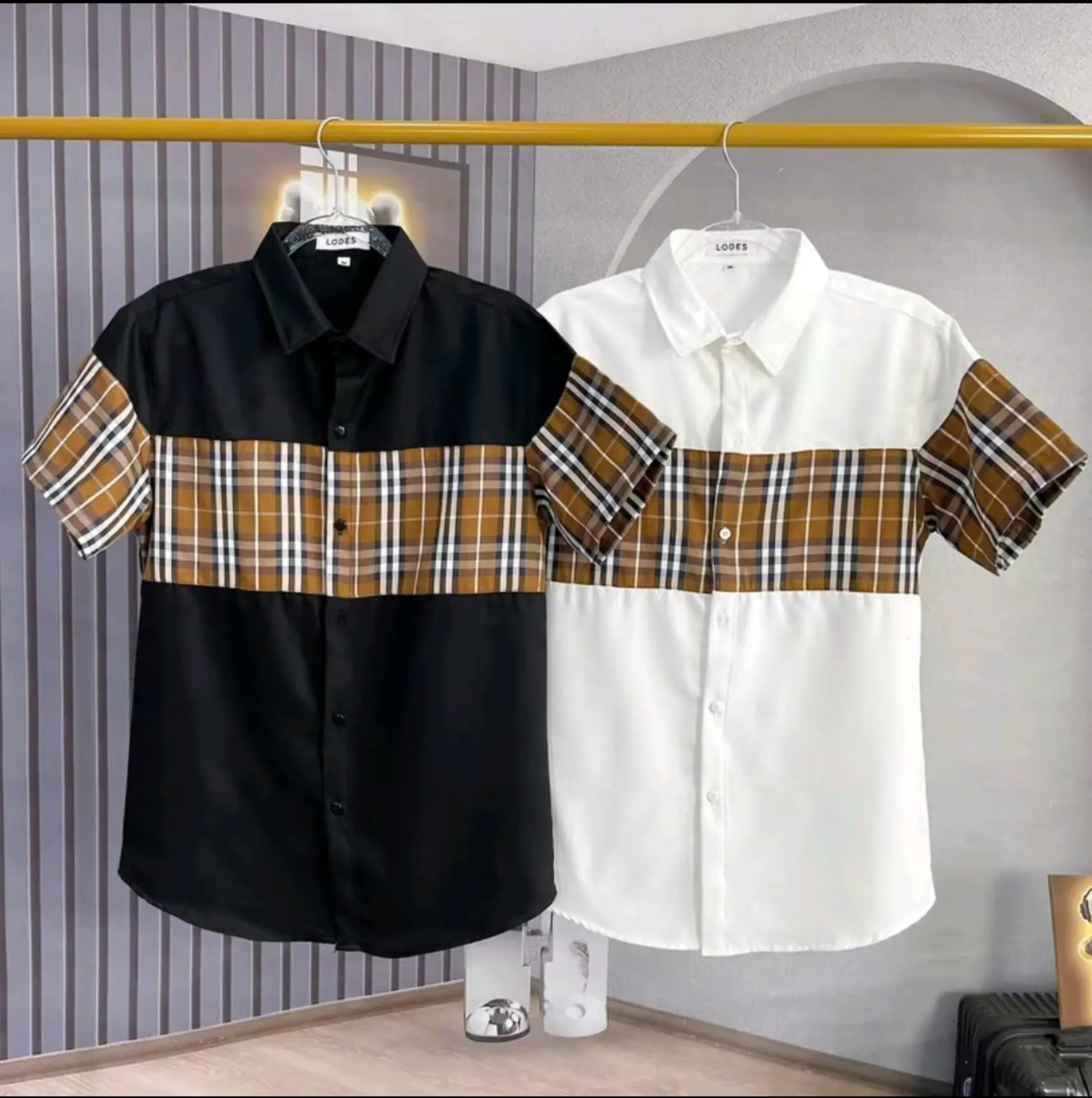 Áo sơ mi nam tay ngắn phối kẻ sọc B RỜ vải lụa mango dày dặn, thoáng mát