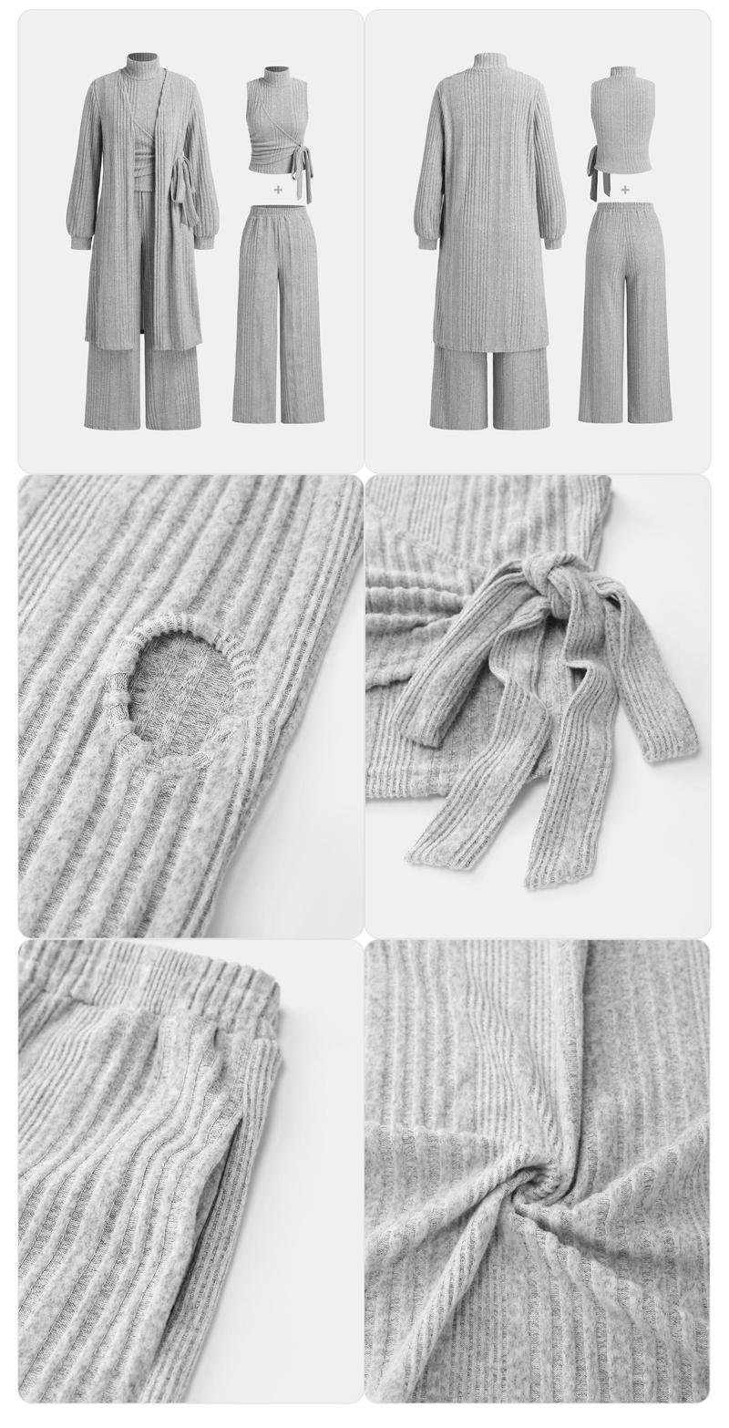 Product Introduction of YOZY Three-piece Set Women's Solid Ribbed High Neck Tank Top & Long Sleeve Open Front Outwear & Elastic Waist Pants, Casual Fashion Cozy Outfits for Daily Wear, Co-ord Sets for Women 5