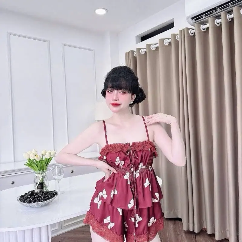 Set đùi hai dây buộc dây nơ, viền ren Lụa latinh tơ tằm Form 40-65kg, ko có túi
