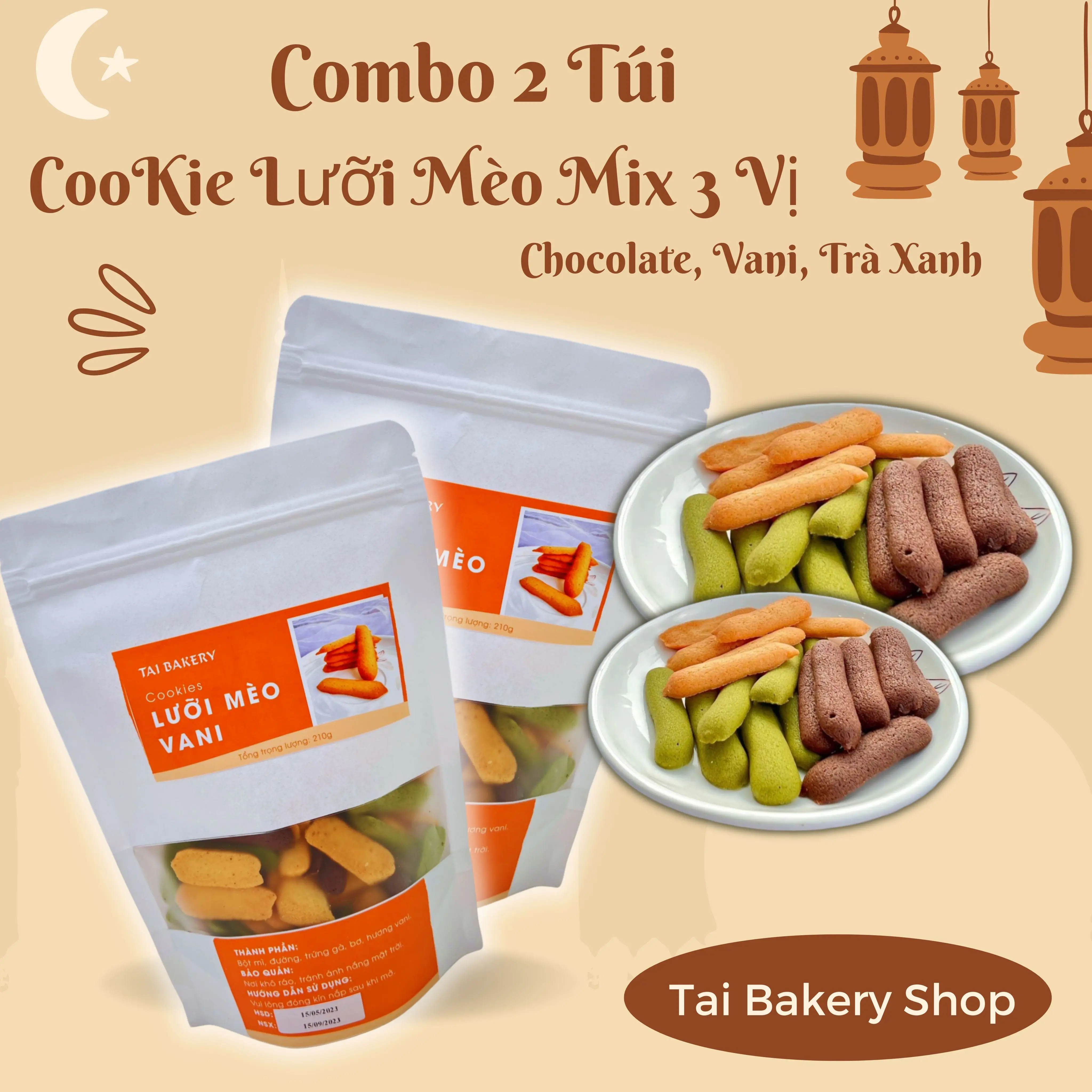 COMBO 2 TÚI COOKIE LƯỠI MÈO MIX 3 VỊ _ TAI BAKERY