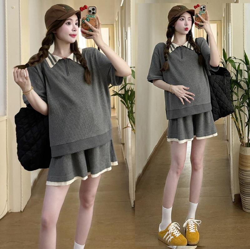 Young Mom | Đồ bộ bầu BV325 gồm áo và quần chất liệu Thun mềm nhẹ mùa hè mát mẻ Thai sản Thai kỳ Thoải mái Thoáng khí Kem Polo Váy Bầu Đầm Bầu Sandal Voi