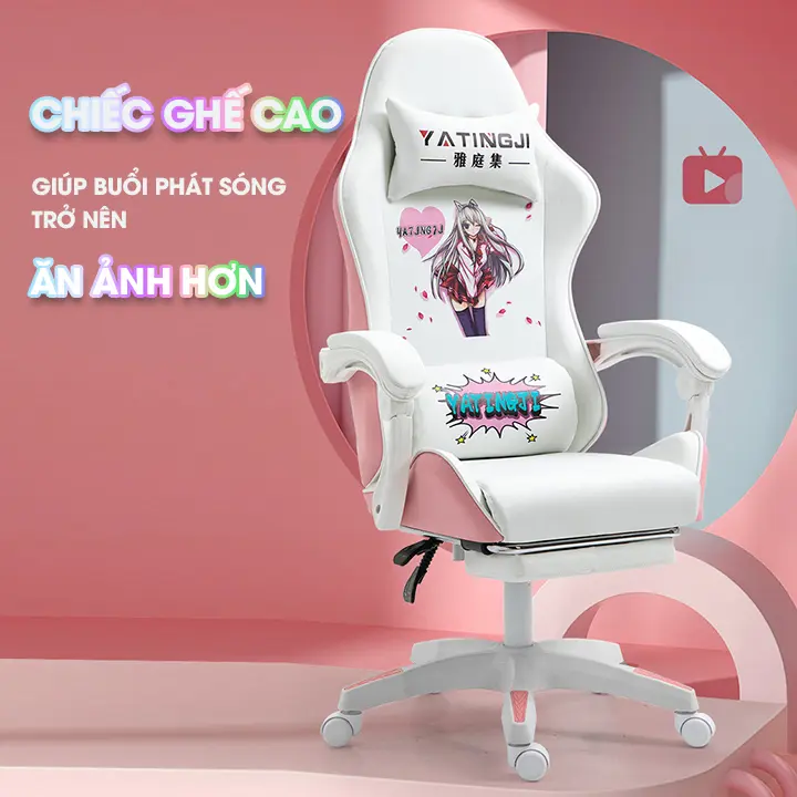 Ghế gaming nữ có loa bluetooth kết hợp dải đèn led, ghế livestream cao cấp có ngả lưng, gác chân 4