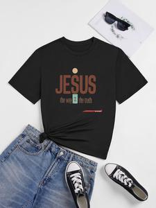 ImprinTee Women's "JESUS" Letter Print Round Neck Tee, Vintage Trendy Casual Short Sleeve T-shirt for Daily Wear, Ladies All Seasons Outfit