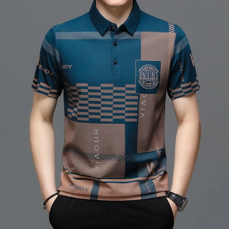 Korean style printed short-sleeved polo shirt for middle-aged men fashion 2025 summer hot sale, casual daily soft and comfortable business suit for men