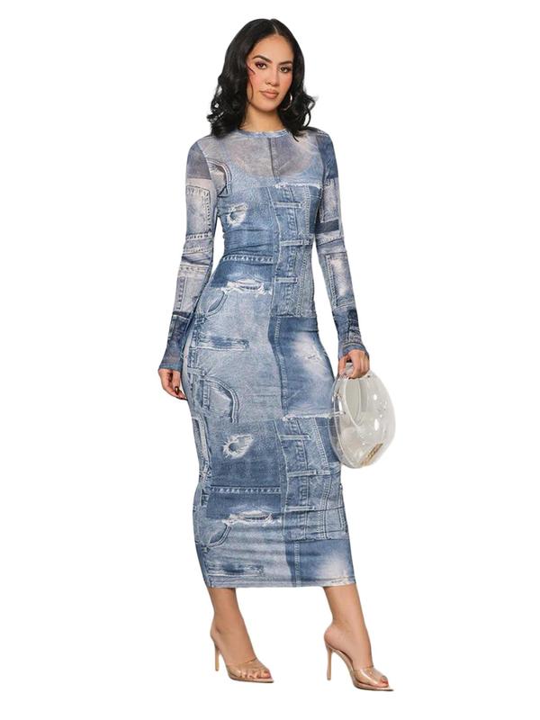 Women's Denim-Effect Print Long Sleeve Bodycon Dress, All Over Print Round Neck Long Dress For Spring & Fall, Fashion Casual Women's Dress For Daily Wear 2