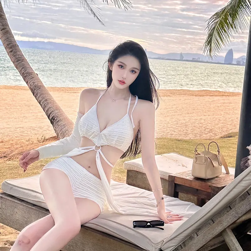 Set đồ đi biển Bikini 2 mảnh áo bơi nữ đi biển áo kèm voan choàng màu trắng quần cạp cao Sport che bụng tốt 986828 A-15 Chạy Bộ 5