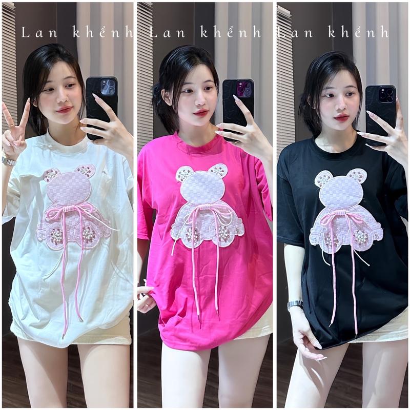 Áo phông cotton khô 3158- Gấu hồng đính đá kèm dây (40-70kg) Nhung Top Nữ Women