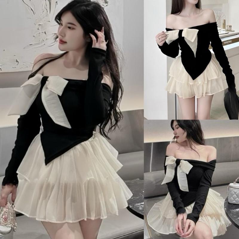 Set áo trễ vai đính nơ vạt nhọn phối kèm chân váy voan tơ bèo tiểu thư sáng chảnh B230 SUTANO