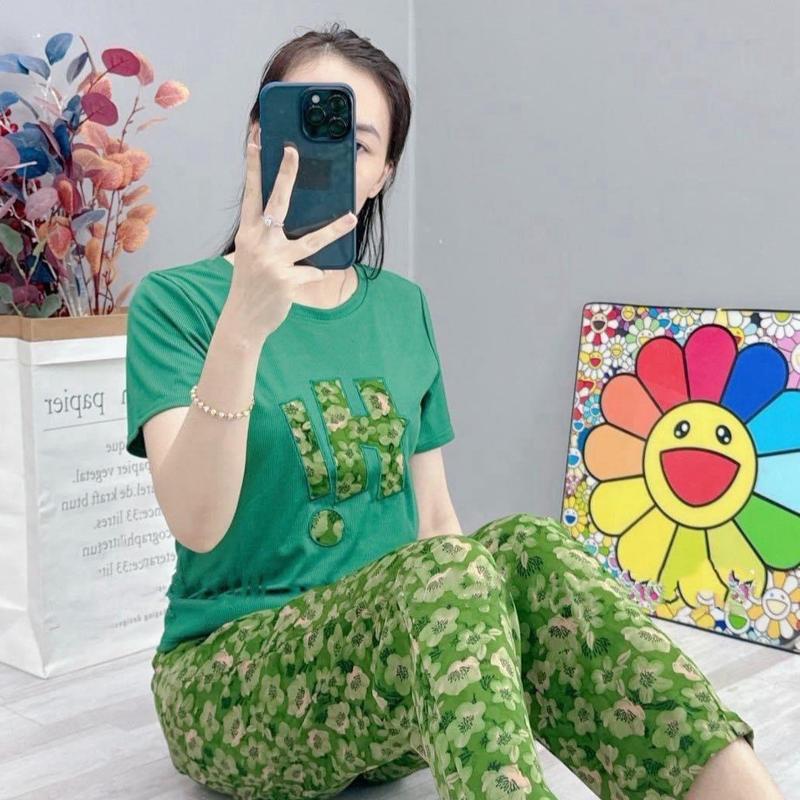 [ Tay Ngắn Quần Baggy ] Đồ bộ nữ THÊU Hi áo tăm lạnh quần mango ( Women Top ) mặc nhà mềm mịn mát A844 1