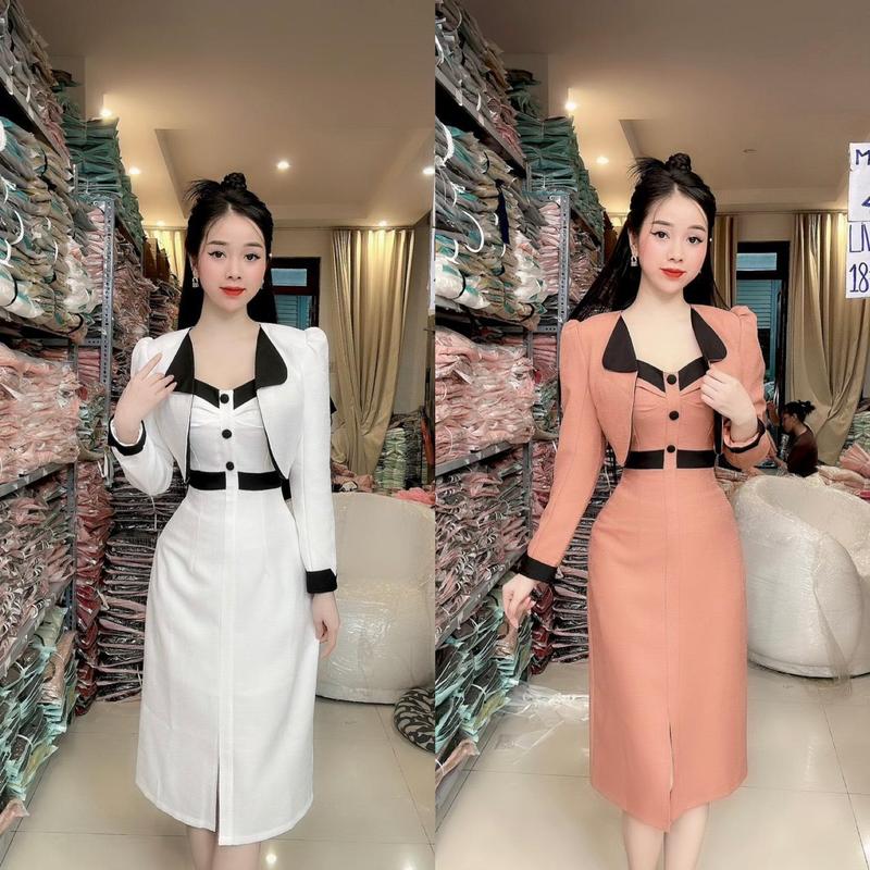 (T99) Set vest thiết kế hai món áo khoác +đầm dây phối nút bọc viền đen sang trọng sét đồ nữ sang chảnh set váy nữ đi tiệc đi làm đi chơi đều đẹp T99