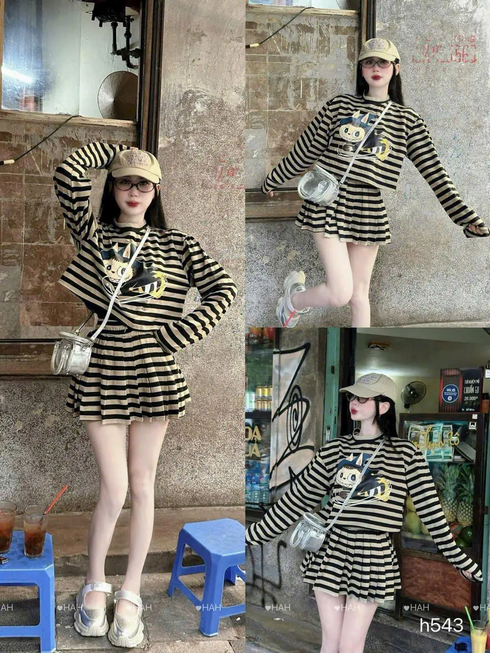 SÉT VÁY NỮ THU ĐÔNG TAY DÀI SỌC NÂU IN LABUBU THUN TĂM LẠNH CÓ  QUẦN BẢO HỘ BIGSIZE Women Dress