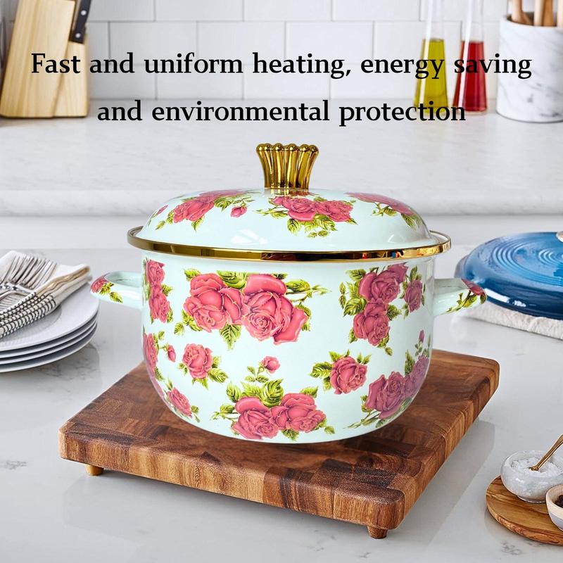 Rose Pattern Enamel Pot with Lid & Handle, 1 Count Vintage Style Flower Pattern Pot, Kitchen Cookware for Home Use, Kitchen Accessories 2
