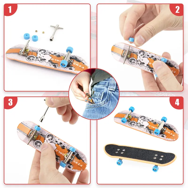 Finger Skateboard Set, Including 6 Counts Skateboard Tables, 6 Counts Random Colored Finger Skates, 1 Count Display Stand, 1 Count Pants, 1 Count Clothing & Random Color Accessory Bag, DIY Skate Park Ramp Parts, Interactive Finger Skateboards Track Kit 7