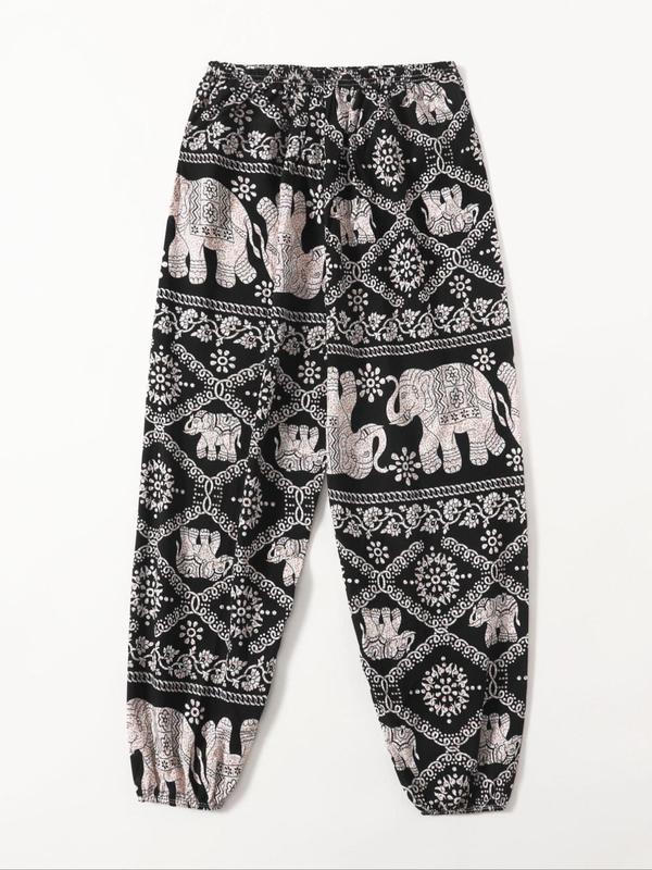 Women's Casual Tribal Print Elastic Waist Harem Pants, Retro Casual Jogger Pants for Daily, Homewear Pj Pants, Comfort Spring & Summer & Fall Pajamas Bottoms 1