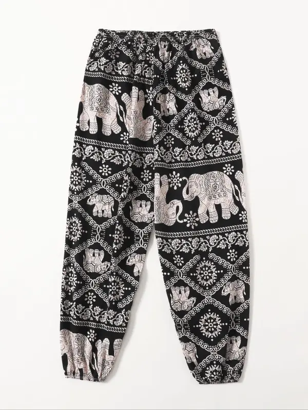 Women's Casual Tribal Print Elastic Waist Harem Pants, Retro Casual Jogger Pants for Daily, Homewear Pj Pants, Comfort Spring & Summer & Fall Pajamas Bottoms 1