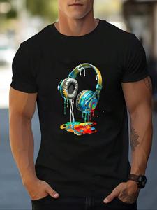 Men's Headphone Print Round Neck Tee, Regular Fit Casual Short Sleeve Crew Neck T-shirt for Summer, Fashion Men's Top for Daily Wear