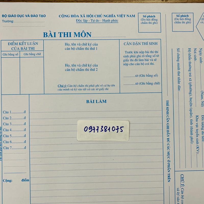 Set 100 tờ giấy thi Đại học, Giấy thi THPT Khổ A3 Mẫu BộGD&ĐT