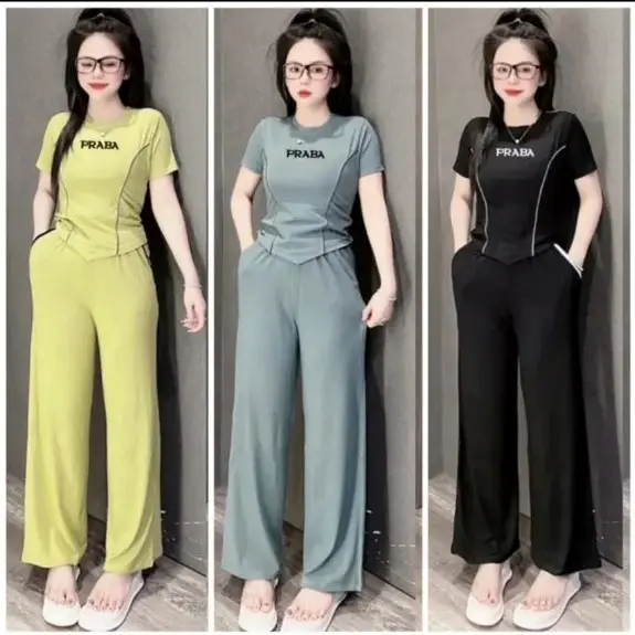 Set Thun Gân nữ  áo viền , quần ống rộng  2 Túi Size 42-65kg( ảnh thật) Nữ Women Top Ong Nâu