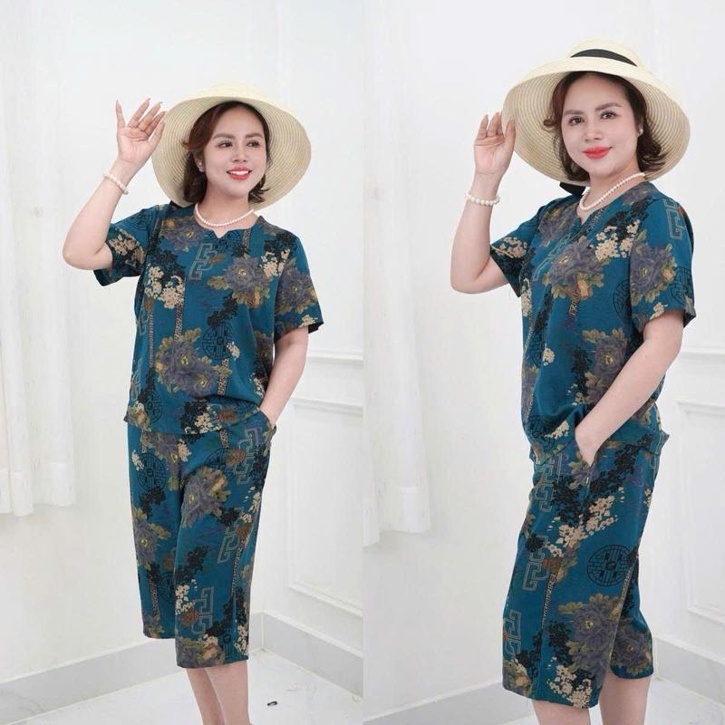 Đồ bộ trung niên cho mẹ và bà mặc ở nhà có áo cổ tròn quần lửng suông chất lụa nhập co dãn thoải mái HMS19A hàng đẹp 0