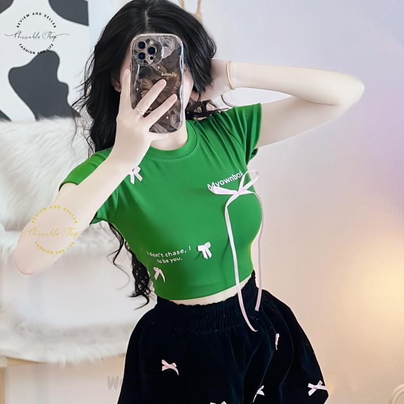 Product Introduction of Áo Croptop Borip Basic Ôm Body In Chữ "I Don't Chase" Đính Nơ Dài, MLS11, Women Thun Sen Sò Hoa Sen Trắng Kem Tre Cổ Tròn Dáng Ngắn 26