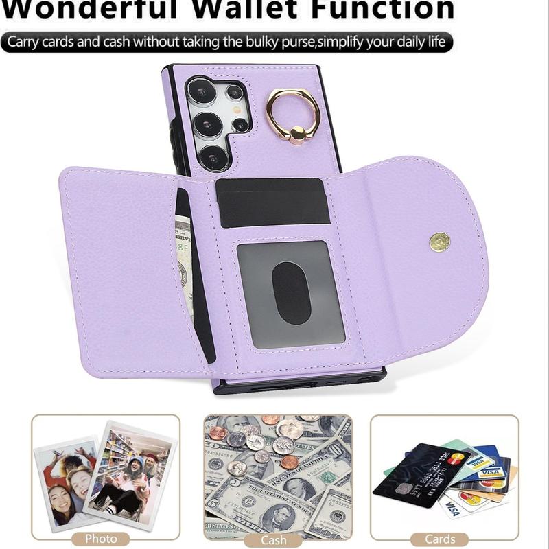 Product Introduction of Solid Color Phone Case with Finger Ring & Card Slot, 1 Count PU Leather Wallet Phone Protective Cover, Phone Accessory for Samsung Galaxy S24 S23 S22 S21 6