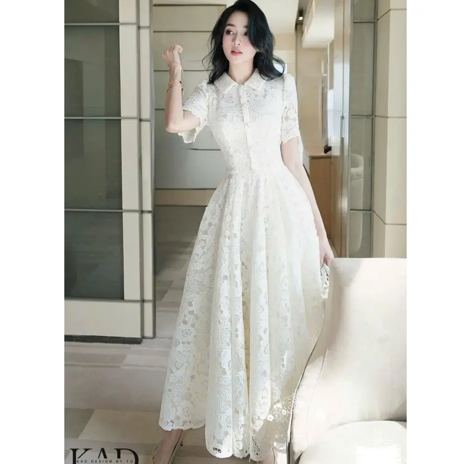 Đầm thời trang nữ mặc đi dự tiệc chất ren cổ sơ mi tay ngắn váy chữ A dáng maxi siêu sinh sang chảnh trẻ trung Voan Women Dress