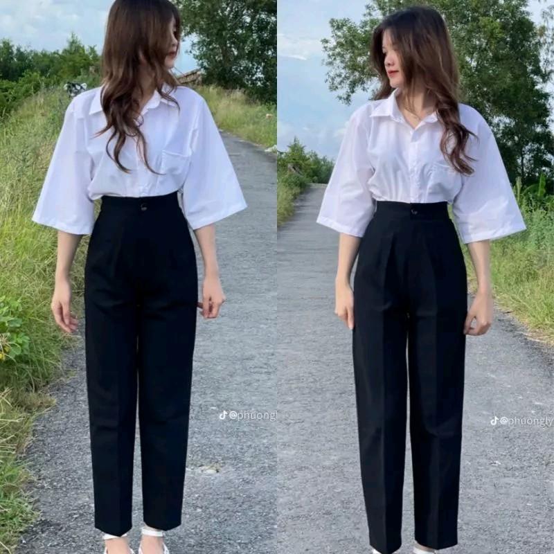 Quần tây nữ đi học lưng cạp cao có đỉa ống đứng suông màu Xanh Đen dáng quần vải baggy học sinh nữ đi học dài đáy cao Women Pants Đen