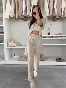 Women's Solid Color Top & Pants Set, Casual Fashion Cozy Two-piece Set for Daily Outdoor Wear, Ladies Clothes for Summer