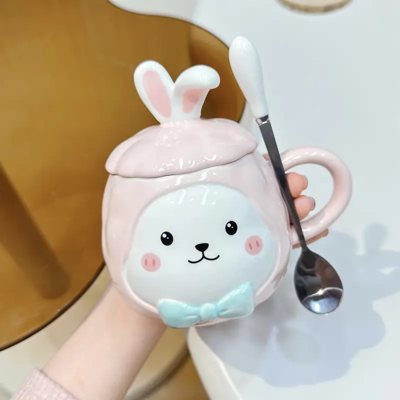 Ly cốc sứ có nắp đậy hình thỏ dễ thương 450ml, cốc uống nước có nắp đậy kèm thìa - TTB 8