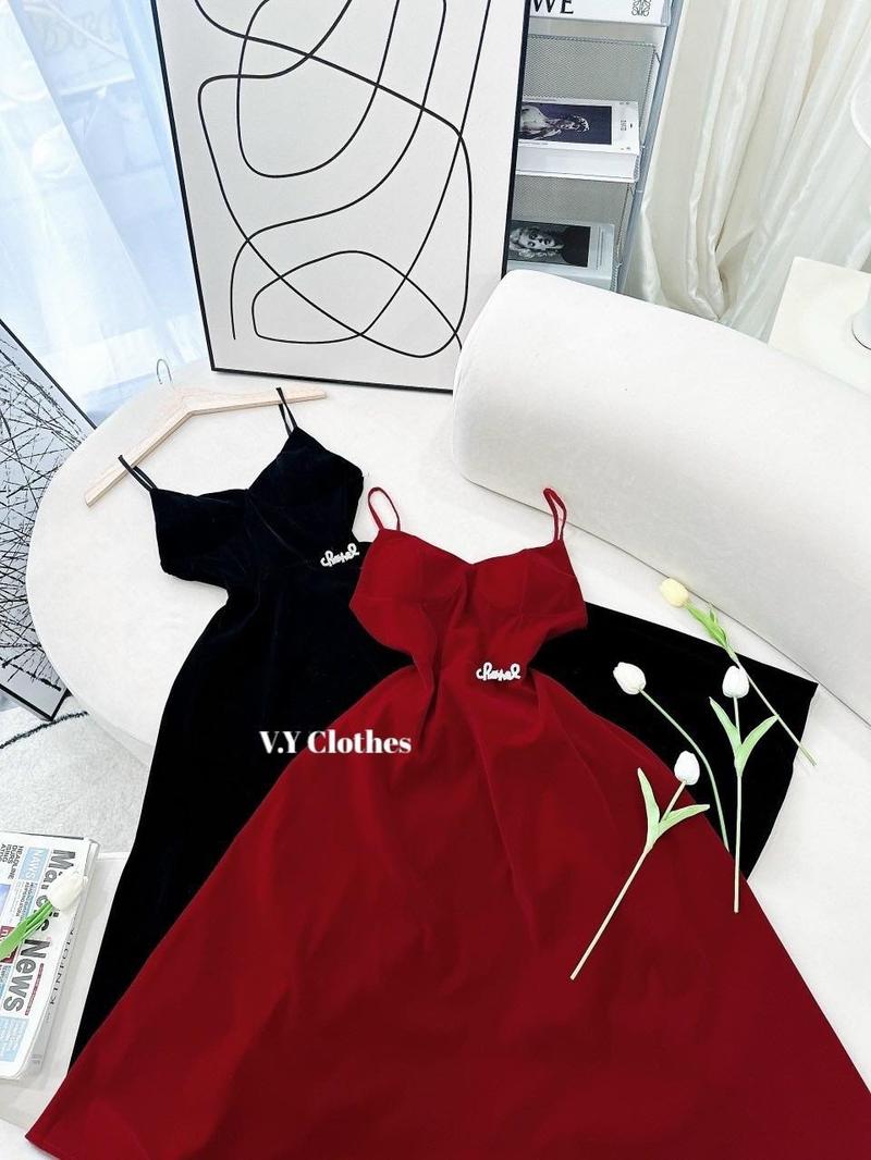 Product Introduction of Váy đi tiệc chất liệu nhung 2 màu đỏ đen Nữ Women Dress 2