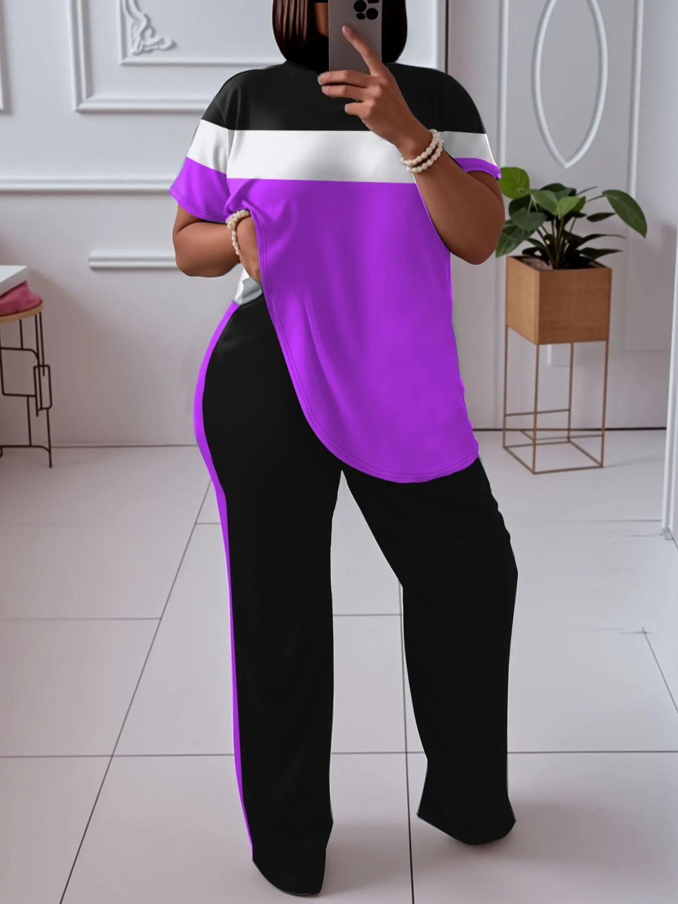 【Plus Size】 Colorblock Crew Neck Tee & Straight Leg Pants Two-Piece Set, Elegant Fashion Casual Two Piece Outfits for Daily Outdoor Wear, Women Clothing for Spring Fall