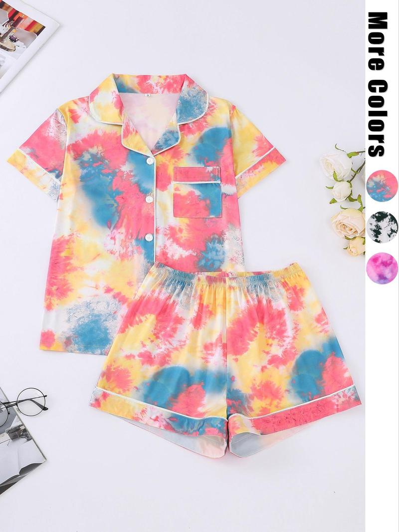 Product Introduction of Women's Tie Dye Print Lapel Shirt & Elastic Waist Shorts Pyjama Set, Casual Button Front Short Sleeve Top & Shorts, Pajamas, Ladies Summer Sleepwear 14