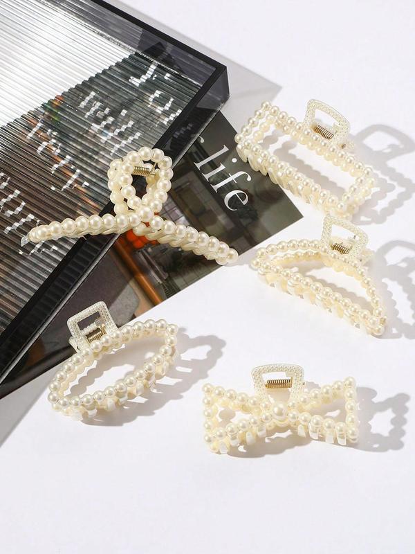 Summer 2024 Elegant Style Geometric Faux Pearl Decor Hair Claw Clips, Gorgeous Bow Design Hair Claws Set, Fashion Kawaii Hair Accessories for Women & Girls 3