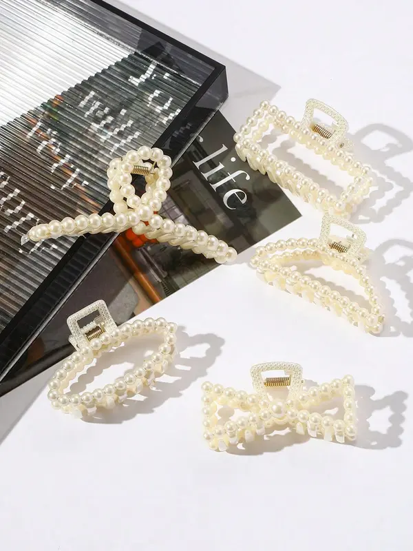 Summer 2024 Elegant Style Geometric Faux Pearl Decor Hair Claw Clips, Gorgeous Bow Design Hair Claws Set, Fashion Kawaii Hair Accessories for Women & Girls 3
