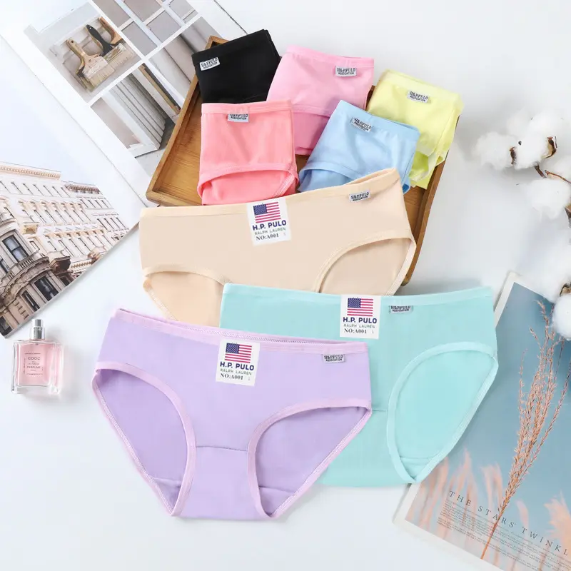 A001 Women's Underwear Female Student Solid Color Breathable Mid Waist Maiden Sexy Cute Pants Cross-Border E-Commerce Wholesale