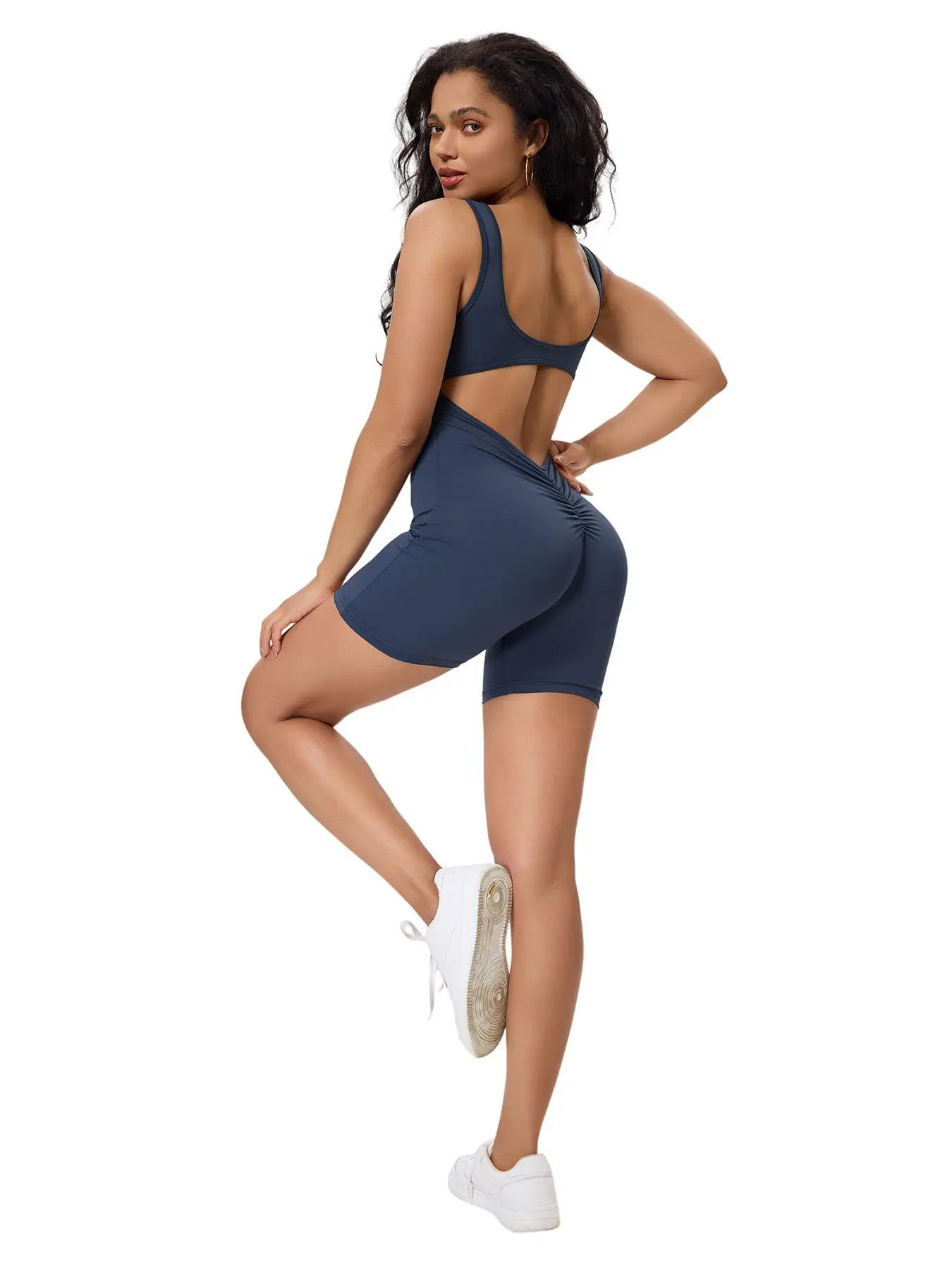 Women's Solid Color Ruched U Neck Sports Romper, High Stretch Casual Comfortable Breathable Backless Sleeveless Butt Lifting Jumpsuit for Yoga Gym Workout, Ladies Sportswear for Spring & Fall