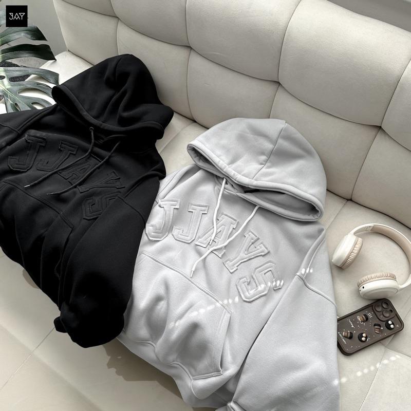 Hoodie Boxy JJAYS - Áo khoác hoodie form ngắn thêu đắp vải JJAYS form rộng mũ to nam nữ unisex màu XÁM TRẮNG/XÁM CHÌ/ĐEN Menswear Dài Tay