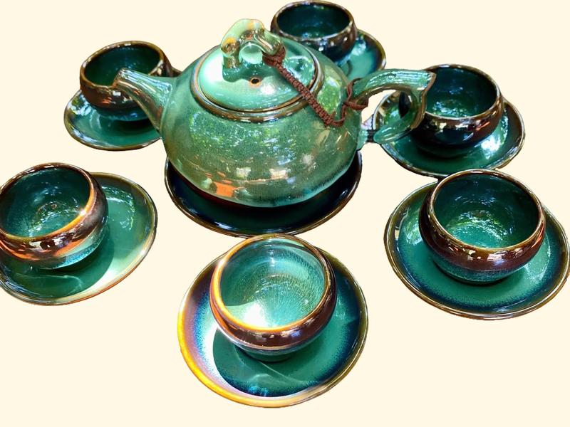 Bộ ấm chén uống trà Men Hỏa Biến màu xanh, hàng Bát Tràng tinh tế tặng kèm đĩa dung tích 400ml