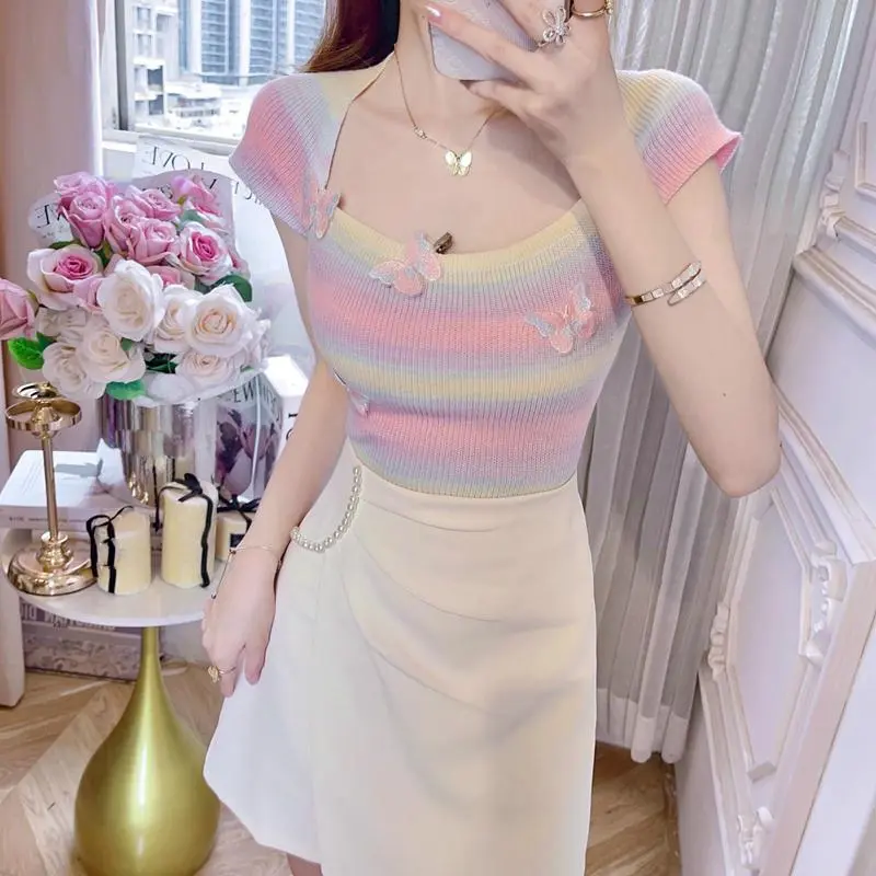 Áo Thun Nữ, Áo Dệt Kim Hình Bướm 3D, ngắn Tay, Cổ Vuông, Màu Tương Phản, Dáng Ôm, Quần Áo Thẩm Mỹ, Áo Thun
