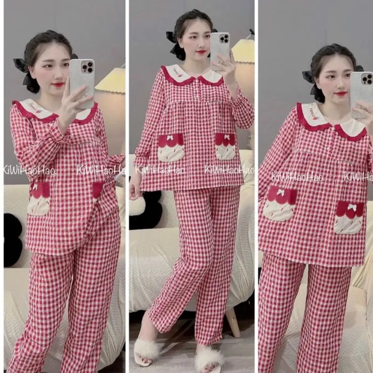 Bộ Kẻ Quần Dài Áo Dài Phối Túi Chất Đũi Siêu Xinh Mặc 2 Quá Trình Bầu Và Sau Sinh