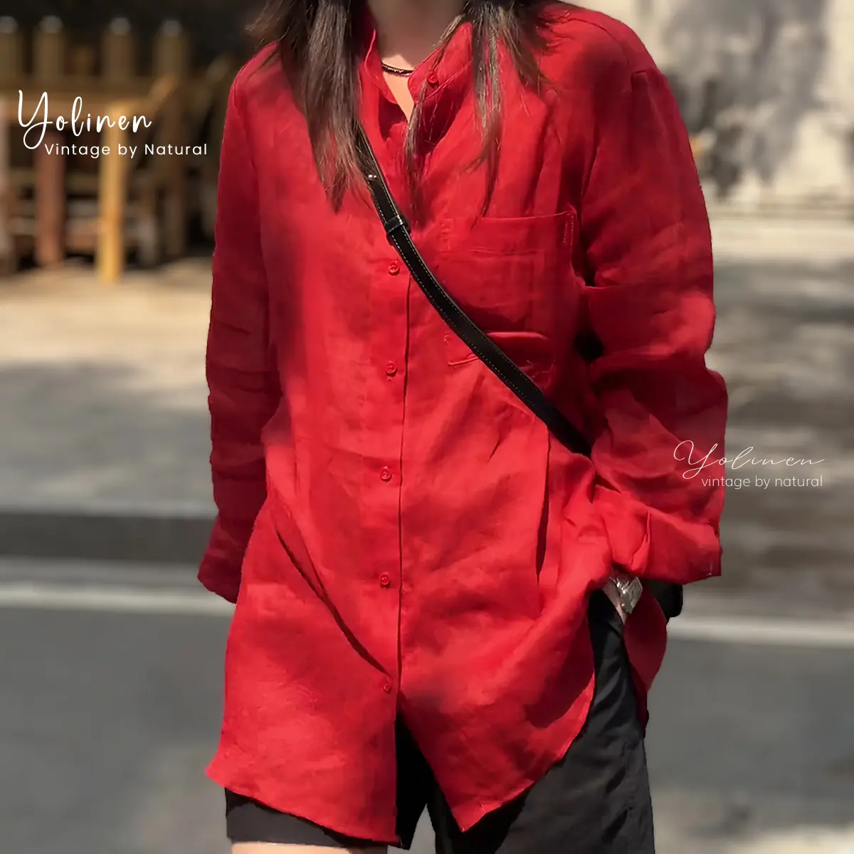YOLINEN Áo sơ mi dài tay màu đỏ cho nữ dáng rộng cổ tàu sang trọng vải linen cotton