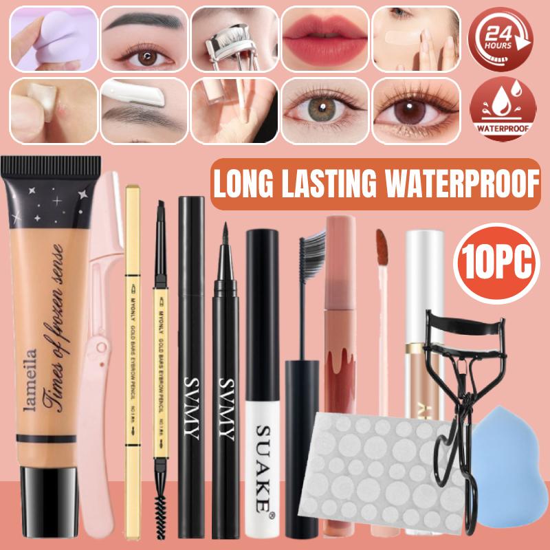Bộ tất cả trong một, bút chì Mascara+Eyeliner+Eyebrow , kem che khuyết điểm, kem nền, son bóng, dụng cụ uốn mi, dụng cụ tỉa lông mày, phồng, miếng dán mụn, bộ trang điểm siêu giá trị, 10 miếng