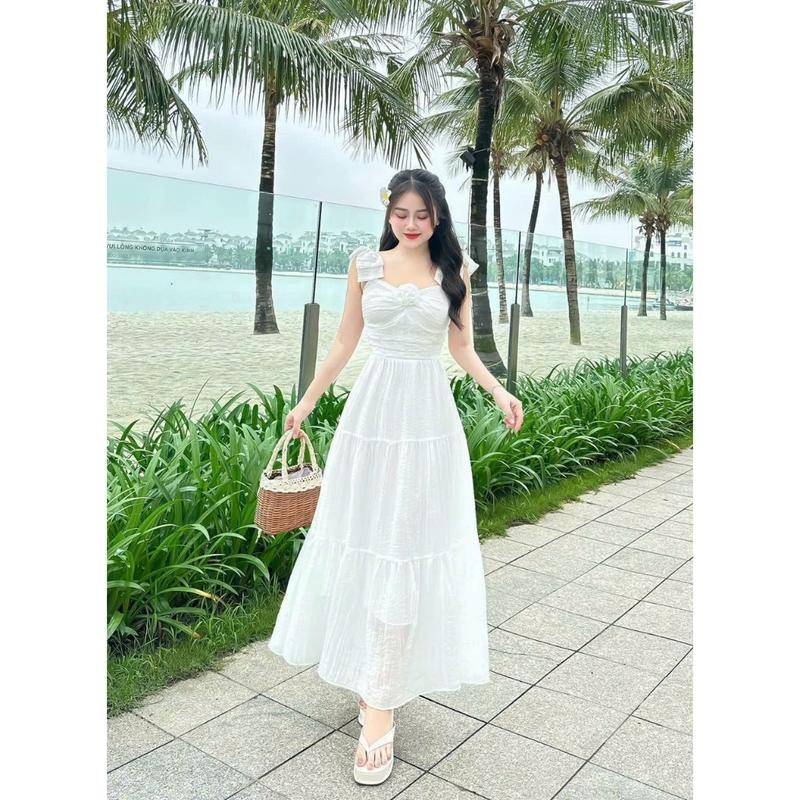 Đầm nữ thời trang thiết kế chất tằm gẫy có lót đầm dài xòe áo dây nơ đính hoa xinh , dịu dàng nữ tính 3