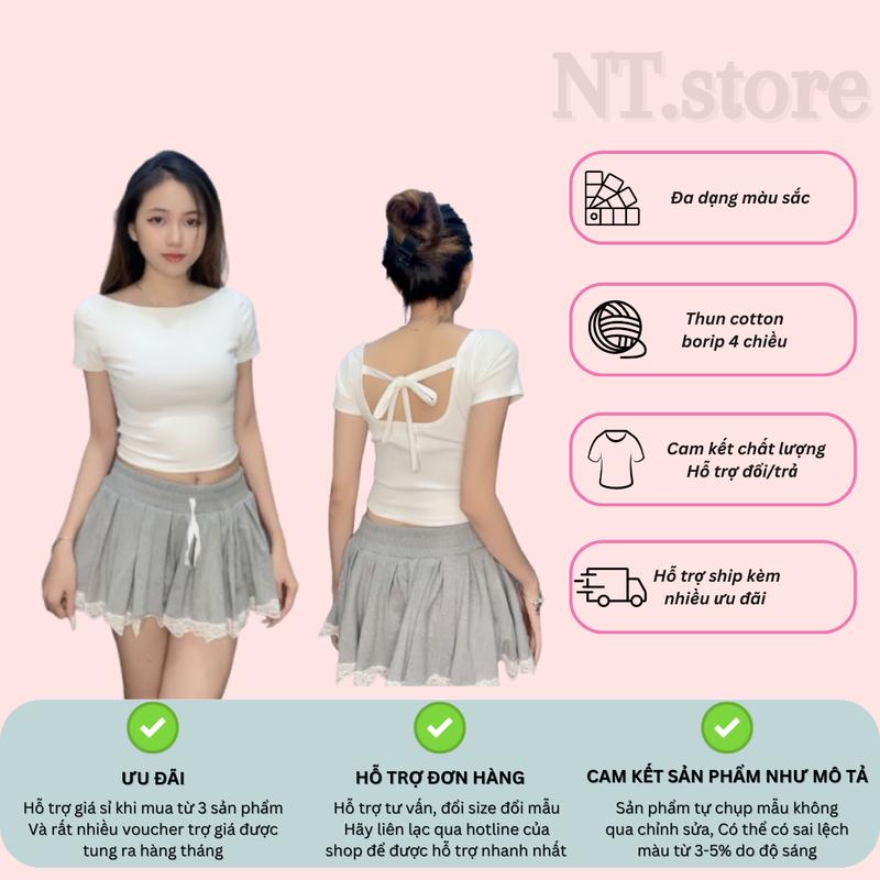 A23 Áo Thun Croptop Form Ôm Tay Ngắn Cột Nơ Sau Lưng | NT.store