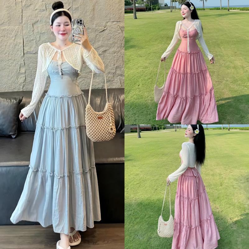 Set váy nữ nàng thơ xếp tầng lụa dáng dài kèm áo khoác thun tăm xinh xắn tiểu thư