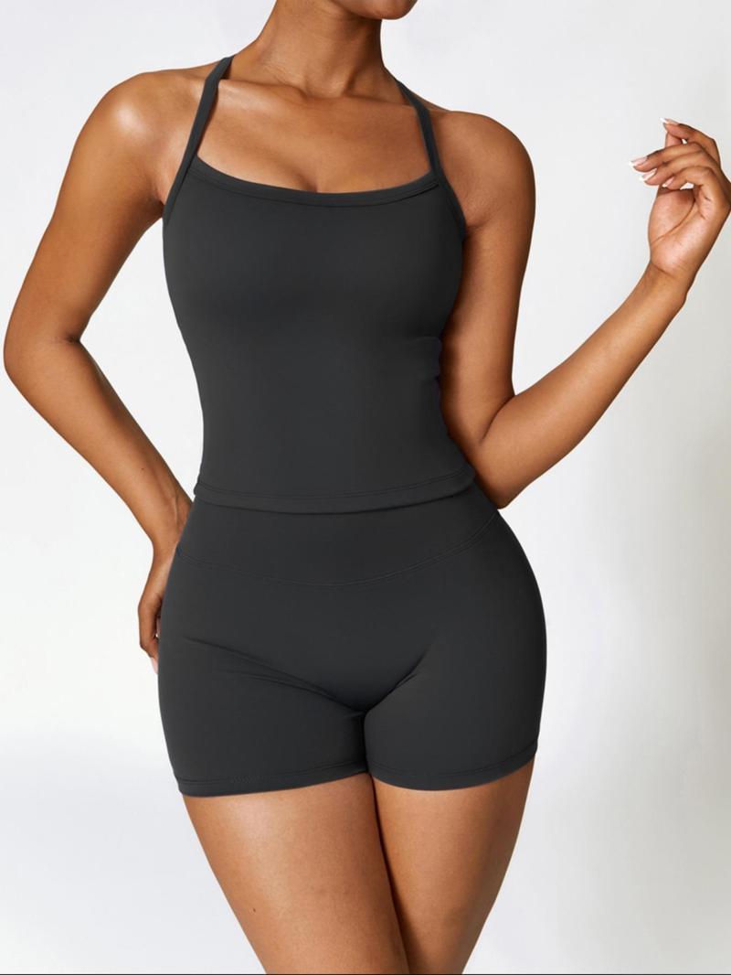 VoleFox Two Pieces Women's Solid Backless Tracksuit Set, Spaghetti Strap Cami Top & High Waist Skinny Shorts, Ladies Sportswear, Summer Outfits 2024_voghion.com