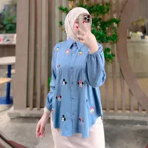 KEMEJA MICKEY ATASAN WANITA BORDIR LUCU RAYON TWILL POLOS