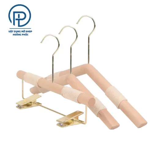 Móc gỗ treo quần áo trẻ em vintage thanh tròn có đệm vai chống tuột