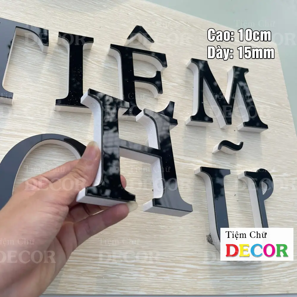 Chữ Nổi Đen Gương 10cm dày 15mm T2 In Hoa Dán Tường Trang Trí Tiệm - Chữ 3D Decor Biển quảng cáo Chất Liệu Fomex Alu