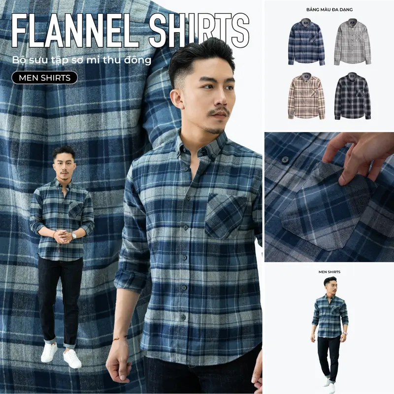 Áo sơ mi Flannel kẻ nam URBAN Menswear Nhung Shirt có túi ngực, chất vải Flannel mềm mịn, button down trẻ trung, năng động, phom slim vừa vặn NO.1288, mau xanh aonam  dep 6